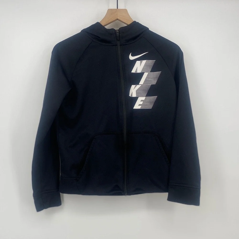 Nike Full Zip Hoodie XL Youth Black Dri-FIT Graphic Swoosh Excellent